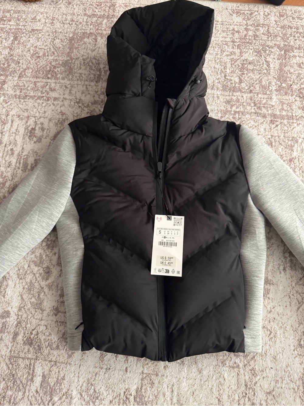 ZARA Black Puffer Vest Jacket with Grey Sleeves - Women